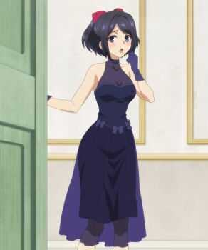 1girl anime_screenshot black_hair blue_dress blue_eyes blue_gloves blush breasts dress formal_clothes gloves hair_ribbon highres medium_breasts medium_hair nageki_no_bourei_wa_intaishitai open_mouth red_ribbon ribbon see-through_cleavage see-through_clothes see-through_dress sidelocks stitched third-party_edit tino_shade wide_hips