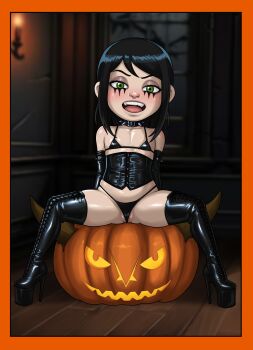 aaaninja black_hair boots collar corset dominatrix_outfit dylan_beekler elbow_gloves gloves golan_the_insatiable goth_fashion green_eyes halloween high_heel_boots high_heels loli pumpkin sitting spiked_collar spikes thick_thighs thigh_boots thighhighs thighs