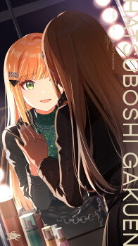 blonde_hair chain cover english_text gakuen_idolmaster green_eyes idolmaster jewelry mirror multicolored_hair nail_polish necklace official_art open_mouth orange_hair shiun_sumika