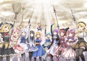 10s 6+girls akemi_homura akemi_homura_(magical_girl) alice_margatroid arm_up beret black_hair black_legwear blonde_hair blue_hair book boots bow braid broom brown_legwear cloud crossover detached_sleeves drill_hair fingerless_gloves gloves gradient_hair gun hair_bow hair_ornament hairpin handgun hat hijiri_byakuren huge_weapon izayoi_sakuya jewelry kaname_madoka kaname_madoka_(magical_girl) kirisame_marisa knife kou_(haijindeath) light_rays long_hair magical_girl magical_musket mahou_shoujo_madoka_magica mahou_shoujo_madoka_magica_(anime) miki_sayaka miki_sayaka_(magical_girl) multicolored_hair multiple_girls pantyhose patchouli_knowledge pink_hair pistol pleated_skirt polearm puffy_sleeves puppet_rings puppet_strings purple_eyes purple_hair ribbon rifle ring sakura_kyoko sakura_kyoko_(magical_girl) shanghai_doll short_hair skirt sky spear staff striped_clothes striped_legwear striped_thighhighs sunbeam sunlight sword thighhighs throwing_knife tomoe_mami tomoe_mami_(magical_girl) touhou twin_braids twin_drills twintails vertical-striped_clothes vertical-striped_legwear vertical-striped_thighhighs weapon white_legwear zettai_ryouiki