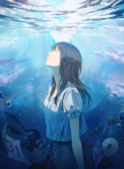 Rule 34 | 1girl, absurdres, air bubble, arm at side, black hair, blood, blue sky, blurry, bubble, calendar (object), camera, closed eyes, cloud, commentary, cover, cover page, cowboy shot, denim, depth of field, dvd (object), dvd case, from side, highres, jar, jeans, knife, kyuuba melo, long hair, natsu ni oboreru, novel cover, open mouth, pants, profile, puffy short sleeves, puffy sleeves, shirt, short sleeves, single-lens reflex camera, sky, solo, tablet pc, water, white shirt, yonagi rin