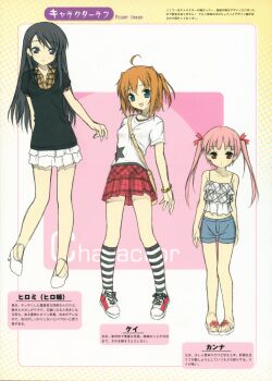 absurdres ahoge bag bare_shoulders black_dress black_hair blue_eyes border breasts brown_hair camisole character_profile closed_mouth collared_shirt denim denim_shorts dot_nose dress frilled_camisole frills hair_between_eyes hair_ornament hair_ribbon hairclip high_heels highres kantoku kneehighs long_hair miniskirt miyaguchi_hiromi miyaguchi_kanna miyaguchi_kei multiple_girls open_mouth original outside_border pink_hair plaid_camisole plaid_clothes plaid_shirt pleated_skirt red_eyes ribbon sandals shirt shoes short_hair shorts skirt slippers small_breasts socks standing star_(symbol) swept_bangs twintails white_camisole white_shirt white_shoes