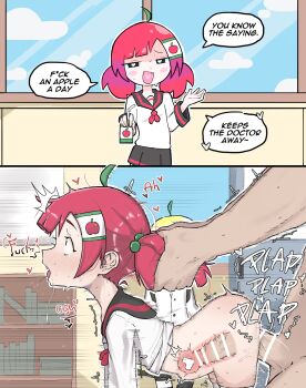 1boy 2girls age_difference ahoge all_fours apple bar_censor blonde_hair blush blush_stickers censored cloud cross-section doggystyle english_text erection food fruit grabbing_another&#039;s_hair hair_ornament hairclip heart heart-shaped_pupils highres holding_another&#039;s_hair legs loli mesugaki motion_lines multiple_girls open_mouth original penis plap red_eyes red_hair saliva school_uniform serafuku sex sex_from_behind size_difference skirt smug standing sweat symbol-shaped_pupils testicles thighs twintails vaginal x-ray zlix0n