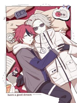 2boys ahoge animalization aotsuki_eito black_gloves black_pants black_streaks blue_jacket book border breast_pocket character_doll chinese_commentary clock closed_eyes commentary_request digital_clock doll drawstring drooling food foodification gloves grey_hair grey_jacket head_on_pillow highres hood hoodie jacket jacket_over_hoodie lying male_focus mouth_drool multicolored_hair multicolored_jacket multiple_boys octopus on_back on_side outside_border pants pillow plate pocket qiming_zhende_hao_nan red_hair sandwich short_hair sleeping_together smile streaked_hair sumino_takumi sunglasses the_hundred_line_-last_defense_academy- tomato two-tone_jacket white_border white_hoodie white_jacket white_pants yaoi zzz