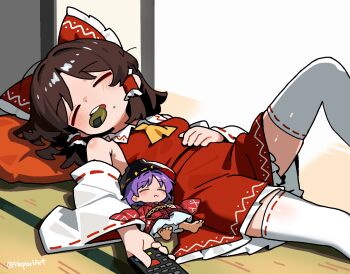 2girls ascot bloomers bow bowl bowl_hat brown_hair closed_eyes closed_mouth commentary controller detached_sleeves english_commentary food frilled_bow frills hair_bow hakurei_reimu hand_on_own_stomach hat hepari holding holding_remote_control japanese_clothes kimono long_sleeves lying medium_hair mini_person minigirl mouth_hold multiple_girls on_back pillow purple_hair red_bow red_kimono red_ribbon red_shirt red_skirt remote_control ribbon ribbon-trimmed_thighhighs ribbon_trim senbei shirt short_hair skirt sukuna_shinmyoumaru teeth_hold thighhighs touhou twitter_username underwear white_bloomers white_sleeves white_thighhighs wide_sleeves yellow_ascot