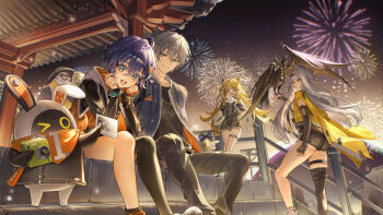 Rule 34 | + +, 2boys, 3girls, animal ears, asymmetrical gloves, asymmetrical legwear, bangboo (zenless zone zero), belle (zenless zone zero), bird, bird on hand, black gloves, black thighhighs, blonde hair, blue hair, commentary, crossed bangs, elbow gloves, english commentary, eous (zenless zone zero), fingerless gloves, fireworks, gloves, green eyes, grey hair, hair between eyes, hair ornament, highres, hood, hood down, hooded jacket, jacket, ju fufu, letter hair ornament, long hair, long sleeves, looking at viewer, mismatched legwear, multiple boys, multiple girls, night, open clothes, open jacket, open mouth, orange gloves, pan yinhu, rity, short hair, single thighhigh, sitting, smile, socks, standing, thigh strap, thighhighs, tiger ears, tiger girl, uneven gloves, uneven legwear, wise (zenless zone zero), yixuan (zenless zone zero), zenless zone zero