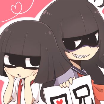 Rule 34 | 2girls, black eyes, black hair, commentary request, dual persona, evil grin, evil smile, grin, hanako-san (youkai watch), highres, jiima tarou, light blush, long hair, looking at viewer, multiple girls, noroino hanako, pink background, school uniform, serafuku, sharp teeth, short hair, smile, teeth, traditional youkai, youkai (youkai watch), youkai watch