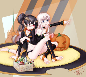 Rule 34 | 2girls, barefoot, black hair, blonde hair, blue eyes, feet, food, glasses, halloween, highres, horns, jack-o'-lantern, long hair, multiple girls, open mouth, original, pointy ears, red eyes, side ponytail, soles, stellarxiela2, stirrup legwear, sweets, toeless legwear, toes