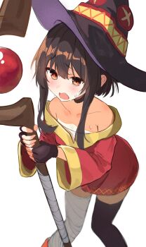 1girl absurdres bandaged_leg bandages bare_shoulders black_gloves blush brown_hair dress fingerless_gloves gloves hair_between_eyes hat highres holding holding_staff kono_subarashii_sekai_ni_shukufuku_wo! mage_staff megumin off_shoulder open_mouth orange_eyes red_dress simple_background single_thighhigh solo staff thighhighs urashima_jiro white_background witch_hat
