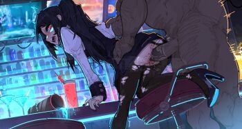 1boy 1girl anus arm_grab ass bar_(place) bar_stool bent_over black_nails cherry clothed_female_nude_male clothes_lift cocktail_glass commission cup drink drinking_glass fat fat_man food from_behind fruit hand_on_another's_hip hetero high_heels highres jill_stingray leg_up looking_back monitor nail_polish nude open_mouth pantyhose ponytail purple_hair pussy pussy_juice red_eyes sex sex_from_behind shirt shuuko_(s_h_uuko) skirt skirt_lift solo_focus spill standing standing_on_one_leg stool teeth tongue torn_clothes va-11_hall-a vaginal white_shirt