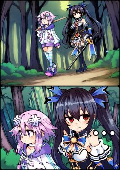 ... 2girls absurdres aderyn ai-assisted black_boots black_dress black_hair boots breasts choujigen_game_neptune dress flat_chest forest frilled_skirt frills hair_ornament hair_ribbon highres holding holding_sword holding_weapon hood hoodie long_hair medium_breasts multiple_girls nature neptune_(neptunia) neptune_(series) noire_(neptunia) purple_hair purple_shoes red_eyes ribbon shoes short_hair skirt socks striped_clothes striped_socks sword tree twintails walking weapon white_hoodie white_skirt wooden_sword