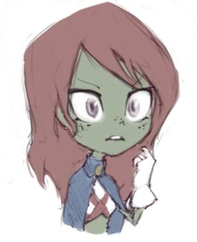 1girl alien blue_cape breasts brown_hair cape cartoon_network colored_skin conoghi dc_comics freckles gloves green_skin grey_eyes long_hair midriff miss_martian open_mouth parody shirt small_breasts standing style_parody superhero_costume teen_titans teen_titans_go! teeth upper_body white_background white_gloves white_shirt young_justice