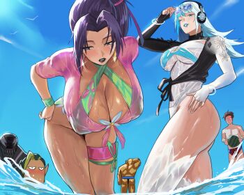2girls 4boys ben_grimm ben_grimm_(sunshine_thing) blue_hair blue_sky breasts cleavage commentary curvy english_commentary highleg highleg_one-piece_swimsuit highres ice large_breasts long_hair luna_snow_(cool_summer) marvel marvel_rivals mugi_(mugit49) multiple_boys multiple_girls ocean official_alternate_costume one-piece_swimsuit psylocke psylocke_(breezy_butterfly) purple_hair purple_lips shiny_skin sky smile swimsuit venom_(marvel) wet wide_hips