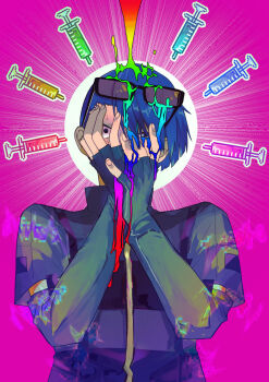 Rule 34 | 1boy, black-framed eyewear, blue eyes, blue hair, collared jacket, covering own face, detached sleeves, eyewear on head, fingerless gloves, fingernails, gloves, green jacket, highres, jacket, light rays, male focus, peeking through fingers, persona, persona 3, pink background, purple-tinted eyewear, rainbow liquid, rectangular eyewear, shirato jin, short hair, solo, striped clothes, striped jacket, sunorsa, sweat, syringe, tinted eyewear, undercut, upper body, yami kawaii