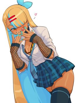 1girl absurdly_long_hair alternate_hair_color alternate_hair_length alternate_hairstyle animal_print aqua_nails bikini bikini_under_clothes black_choker blonde_hair blue_eyeshadow blue_necktie blue_skirt blunt_ends blush bow breasts choker cleavage colored_inner_hair commentary dark-skinned_female dark_skin detached_sleeves eyeshadow fishnet_sleeves fishnets gyaru hair_bow hair_ornament hair_over_one_eye hairclip half-closed_eyes heart highres leopard_print leopard_print_bikini long_hair looking_at_viewer loose_necktie makeup medium_breasts multicolored_hair nail_polish necktie nudiedoodles original parallel_hairclips plaid_clothes plaid_skirt pleated_skirt print_bikini ripley_(nudiedoodles) sharp_teeth skindentation skirt sleeves_past_wrists solo straight_hair swimsuit teeth thick_thighs thighhighs thighs tongue tongue_out two-tone_hair very_long_hair white_background yellow_eyes zettai_ryouiki
