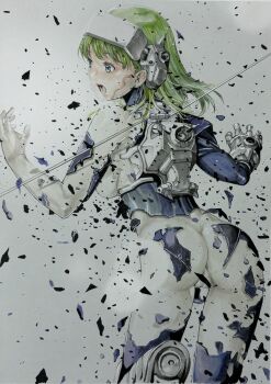1girl armor ass blue_eyes bodysuit cameltoe character_request convenient_censoring copyright_request equipment green_hair hair_ornament highres katsu_(24791909) marker_(medium) mechanical_hands medium_hair science_fiction single_mechanical_hand skin_tight solo traditional_media