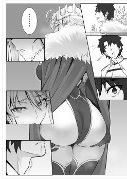 1boy 1girl absurdres artoria_pendragon_(fate) artoria_pendragon_(lancer)_(fate) artoria_pendragon_(lancer)_(third_ascension)_(fate) ass ass_focus bird blonde_hair blush breasts cape crow fate/grand_order fate_(series) fujimaru_ritsuka_(male) grabbing_own_ass greyscale heart heart-shaped_pupils hetero highres leotard medium_breasts monochrome no_eyes red_cape shiki_(love-saber) speech_bubble sweat symbol-shaped_pupils temptation