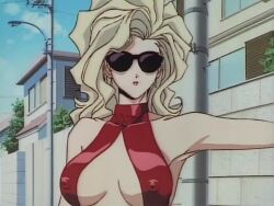 1990s_(style) 1girl animated anime_screenshot blonde_hair bodysuit bouncing_breasts breast_focus breasts breasts_apart center_opening cleavage clothing_cutout collarbone covered_erect_nipples golden_boy large_breasts lips lipstick long_hair makeup no_bra onna_shachou red_bodysuit retro_artstyle sleeveless sound sunglasses tagme tight_clothes video wavy_hair