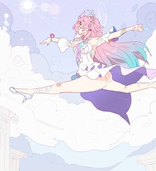 1girl aqua_hair ass breasts cloud commentary cyrene_(honkai:_star_rail) cyrene_(ripples_of_past_reverie)_(honkai:_star_rail) dress english_commentary gradient_hair halo high_heels highres honkai:_star_rail honkai_(series) long_hair medium_breasts multicolored_hair no_panties pink_hair pointy_ears solo unfamousradish very_long_hair white_dress white_hair