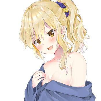 1girl alternate_costume alternate_hairstyle blonde_hair blue_kimono blush breasts cleavage commentary_request hair_ornament hair_scrunchie highres japanese_clothes kimono kirisame_marisa looking_at_viewer minatsuki_yurara off_shoulder open_mouth ponytail scrunchie simple_background smile solo sweatdrop touhou white_background yellow_eyes