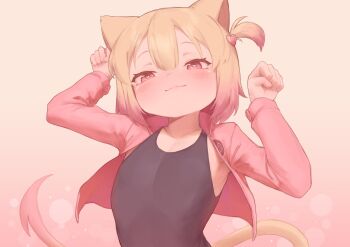 1girl :3 animal_ears arms_up bittycat_(vtuber) black_leotard blonde_hair cat_ears cat_girl cat_tail closed_mouth collarbone cropped_jacket excited eyebrows eyelashes female_focus flat_chest gradient_hair heart heart-shaped_pupils highres indie_virtual_youtuber jacket leotard loli looking_at_viewer medium_hair multicolored_hair open_clothes open_jacket original paw_pose peachyp pink_eyes pink_hair pink_jacket ponytail short_ponytail side_ponytail simple_background smile solo symbol-shaped_pupils tail two-tone_hair upper_body virtual_youtuber yellow_background