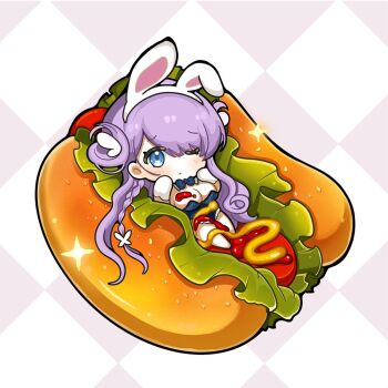 1girl animal_ear_hairband animal_ears argyle_background azur_lane bare_legs bare_shoulders barefoot blue_bow blue_bowtie blue_eyes blue_leotard bow bowtie braid breasts bug butterfly butterfly_hair_ornament character_request chibi closed_mouth collar commentary detached_collar double_bun english_commentary eyelashes fake_animal_ears food frilled_leotard frills gloves hair_bun hair_ornament hairband hands_on_own_cheeks hands_on_own_face hot_dog in_food insect ketchup large_breasts leotard lettuce light_blush long_hair low_neckline mustard nailao_si_ka_bing official_alternate_costume official_art one_eye_closed playboy_bunny purple_hair rabbit_ear_hairband rabbit_ears second-party_source sesame_seeds single_braid solo sparkle strapless strapless_leotard traditional_bowtie white_background white_butterfly white_collar white_gloves white_hairband wing_hair_ornament