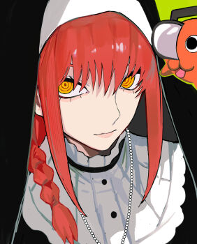 1girl absurdres aegyo_sal chainsaw_man duplicate highres makima_(chainsaw_man) nun pixel-perfect_duplicate pochita_(chainsaw_man) red_hair ringed_eyes sailen0 traditional_nun yellow_eyes