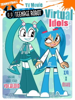 2girls aqua_background blue_hair blush_stickers color_connection cosplay costume_switch english_text female_focus hair_color_connection hairstyle_connection happy hatsune_miku hatsune_miku_(cosplay) holding_another&#039;s_hand jenny_wakeman jenny_wakeman_(cosplay) joints midriff miniskirt multiple_girls my_life_as_a_teenage_robot parody robot_girl simple_background skirt style_parody tehnutball toon_(style) twintails vocaloid