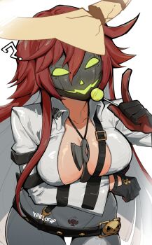 1girl ? absurdres alohapz ankh_necklace arm_under_breasts artist_name black_gloves bodysuit breasts broken_halo candy center_opening cleavage commentary english_commentary food gloves guilty_gear guilty_gear_strive halo highres holding holding_candy holding_food holding_lollipop jack-o&#039;_valentine large_breasts lollipop long_hair looking_at_viewer mask multicolored_hair red_hair solo two-tone_hair white_background white_bodysuit white_hair