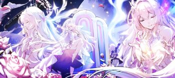 2girls absurdres bare_shoulders bow_(weapon) breasts bridal_veil coat commentary_request cyrene_(aedes_elysiae)_(honkai:_star_rail) cyrene_(honkai:_star_rail) cyrene_(ripples_of_past_reverie)_(honkai:_star_rail) dress dual_persona firing flower hair_flower hair_ornament highres holding holding_bow_(weapon) holding_weapon honkai:_star_rail honkai_(series) korean_commentary large_breasts long_hair multiple_girls multiple_views pink_flower pink_hair pink_rose pointy_ears purple_coat rose smile sparrow4193941 veil very_long_hair weapon white_dress