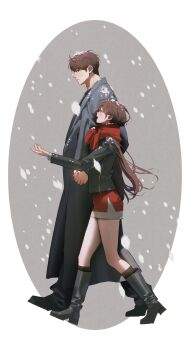 1boy 1girl absurdres beyondthespace black_boots black_jacket blush boots border brown_hair caleb_(love_and_deepspace) coat couple dress full_body grey_background grey_coat hair_between_eyes hetero highres holding_hands jacket long_coat long_hair love_and_deepspace open_mouth protagonist_(love_and_deepspace) red_dress red_scarf scarf short_dress short_hair smile snow snow_on_head snowing walking white_border white_dress