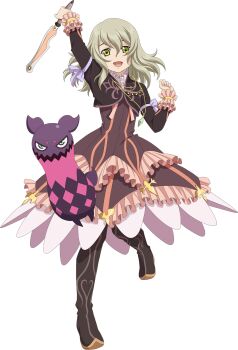 Rule 34 | 1girl, arm up, artist request, black boots, blonde hair, boots, bow, commentary, creature, cropped jacket, doll, dress, elize lutus, frills, full body, game cg, green eyes, highres, holding, holding staff, jewelry, looking at viewer, medium hair, official art, open mouth, pendant, purple bow, purple dress, purple ribbon, ribbon, smile, solo, staff, standing, standing on one leg, tales of (series), tales of asteria, tales of xillia, teepo (tales), third-party source, transparent background