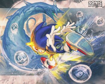 Rule 34 | absurdres, amy rose, big the cat, blue fur, blue hair, chaos (sonic), city, destroyed city, e-102 gamma, gloves, gold fur, gold hair, grin, highres, knuckles the echidna, kornart, looking back, monster, red eyes, running, sega, shoes, smile, socks, sonic (series), sonic adventure, sonic the hedgehog, spiked hair, tails (sonic), water