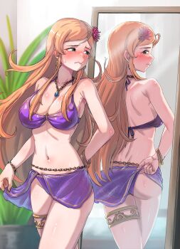 absurdres bangle bikini blonde_hair blush bracelet breasts cleavage commentary_request earrings frown hair_ornament highres hold111 holding_sarong idolmaster idolmaster_million_live! idolmaster_million_live!_theater_days jewelry korean_commentary large_breasts looking_at_mirror mirror navel necklace o-ring o-ring_bikini purple_bikini purple_sarong sarong see-through_clothes see-through_sarong shinomiya_karen shy swimsuit wavy_mouth wet