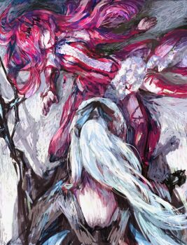 2girls baobhan_sith_(fate) baobhan_sith_(first_ascension)_(fate) black_bow black_dress black_gloves black_tiara blood blood_on_face bow braid dress fate/grand_order fate_(series) gloves grey_eyes hair_between_eyes hair_bow half_up_braid highres holding holding_polearm holding_weapon long_hair morgan_le_fay_(fate) morgan_le_fay_(queen_of_winter)_(fate) mother_and_daughter multiple_girls pink_hair polearm ponytail t0da tiara weapon white_hair