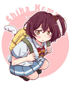 Rule 34 | 1girl, absurdres, bow, bowtie, brown eyes, character name, collared shirt, commentary request, dress shirt, grey skirt, hair bobbles, hair ornament, highres, komari chika, make heroine ga oo sugiru!, maruyo, one side up, orange bow, orange bowtie, pleated skirt, red bow, red bowtie, shirt, short hair, skirt, solo, squatting, summer uniform, white shirt, winged bag
