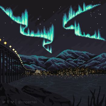 animated animated_gif artist_name aurora black_sky bridge city city_lights commentary english_commentary highway looping_animation moertel mountain mountainous_horizon night no_humans original outdoors pixel_art river rock scenery sky star_(sky) starry_sky twitter_username water