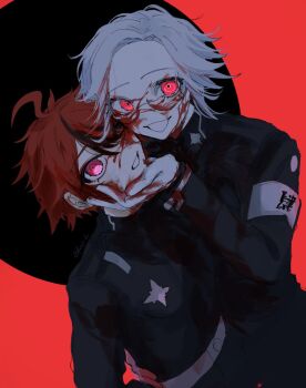 2boys ahoge aotsuki_eito arm_around_waist armband black_background black_hair blood blood_on_clothes blood_on_face blood_on_gloves blood_on_hands eyebrows glasses grin hair_over_one_eye highres last_defense_academy_school_uniform looking_at_viewer male_focus multicolored_hair multiple_boys open_mouth parted_hair red_background red_eyes red_hair simple_background smile sumino_takumi takumi-g_(hundred_line) teeth the_hundred_line_-last_defense_academy- white_hair