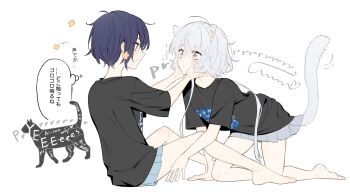 2girls animal_ears barefoot between_legs black_shirt blue_hair blush cat_ears cat_girl cat_tail commentary_request grey_eyes grey_skirt highres kemonomimi_mode konno_junko kuma_(bloodycolor) looking_at_another mizuno_ai multiple_girls pleated_skirt red_eyes shirt short_hair simple_background skirt sparkle speech_bubble sweat tail thought_bubble translation_request white_background white_hair yuri zombie_land_saga