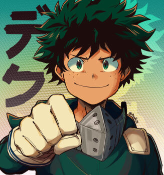 1boy anah_41 antenna_hair bodysuit boku_no_hero_academia character_name clenched_hand commentary drop_shadow english_commentary freckles gloves gradient_background green_bodysuit green_eyes green_hair halftone halftone_background highres looking_at_viewer male_focus messy_hair midoriya_izuku nervous_smile nervous_sweating portrait redrawn short_hair smile solo superhero_costume sweat sweatdrop white_gloves