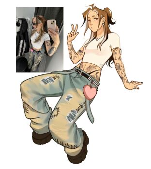 Rule 34 | 1girl, arm tattoo, art vs artist, baggy pants, bead necklace, beads, black shoes, blue pants, breasts, brown eyes, brown hair, commentary, denim, english commentary, freckles, full body, gluca, grey hair, highleg, highleg panties, highres, hip tattoo, jeans, jewelry, long hair, monitor patch, multicolored hair, necklace, o3o, panties, pants, photo inset, ponytail, procreate (medium), puckered lips, real life, ring, self-portrait, shoes, short ponytail, small breasts, solo, stomach tattoo, streaked hair, tattoo, torn clothes, torn pants, two-tone hair, underwear, w
