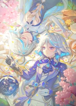 2girls absurdres ahoge asymmetrical_gloves black_gloves blue_eyes blue_gemstone blue_hair blue_hat closed_mouth focalors_(genshin_impact) furina_(genshin_impact) gem genshin_impact gloves hair_between_eyes hashtag-only_commentary hat hayun heterochromia highres jacket long_hair long_sleeves looking_at_another lying mismatched_gloves mismatched_pupils multicolored_hair multiple_girls on_back open_clothes open_jacket shorts smile top_hat unworn_hat unworn_headwear white_gloves white_hair white_shorts