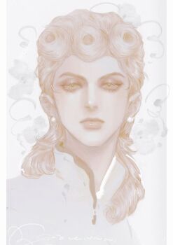 1boy a_io_u alternate_hairstyle blonde_hair braid closed_mouth curly_hair earrings giorno_giovanna green_eyes hashtag-only_commentary highres jewelry jojo_no_kimyou_na_bouken lips long_hair male_focus pearl_earrings portrait signature solo vento_aureo white_theme