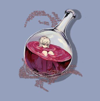 1girl absurdres bottle calligram convenient_censoring curled_up double-parted_bangs f5d4ddy faust_(project_moon) frown full_body highres knees_up korean_text limbus_company mini_person minigirl pink_liquid project_moon short_hair sitting solo translation_request white_eyes white_hair