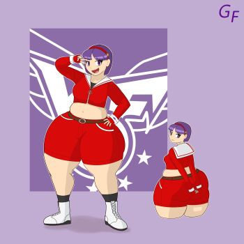 Rule 34 | 1girl, absurdres, asamiya athena, ass, breasts, female focus, gun frame, hairband, highres, huge ass, jacket, long sleeves, medium breasts, muscular, muscular female, pale skin, pants, plump, purple eyes, purple hair, shoes, short hair, smile, smiley face, standing, star (symbol), the king of fighters, thick thighs, thighs, wide hips