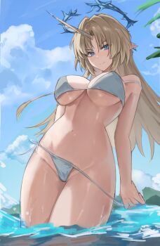 1girl a-chuang alternate_costume bare_shoulders bikini bikini_pull blonde_hair blue_eyes blue_sky breasts closed_mouth clothes_pull commentary crown_of_thorns day fleurdelys_(wuthering_waves) groin highres horns large_breasts long_horns looking_at_viewer navel outdoors single_horn sky smile solo stomach swimsuit thighs wading white_bikini wuthering_waves yellow_horns