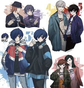 2girls 5boys absurdres amamiya_ren amano_maya black_eyes black_hair blue_eyes blue_hair brown_eyes brown_hair bucket_hat character_name chibi closed_eyes coat earrings eyelashes flipped_hair glasses grey_eyes grey_hair grin hair_between_eyes hair_over_one_eye hand_in_pocket hat headphones headphones_around_neck highres hood hoodie jewelry libertyp long_hair looking_at_viewer medium_hair multiple_boys multiple_girls narukami_yu open_clothes open_hoodie open_shirt persona persona_1 persona_2 persona_2_tsumi persona_3 persona_3_portable persona_3_reload persona_4 persona_5 profile purple_eyes red_hair shiomi_kotone shirt short_hair smile standing striped_clothes striped_shirt suou_tatsuya toudou_naoya twitter_username upper_body v waving white_background yuuki_makoto_(persona_3)