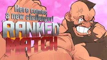 Rule 34 | 1boy, absurdres, anger vein, beard, brown hair, chest hair, clenched hand, drooling, english text, facial hair, flexing, furrowed brow, grin, highres, male focus, mohawk, mouth drool, muscular, muscular male, pink background, red eyes, short hair, smile, solo, street fighter, tears, teeth, topless male, umezawa michiko, upper body, zangief