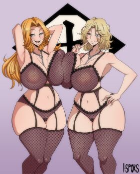 2girls alternate_hair_color bare_shoulders bleach bleach:_sennen_kessen-hen blonde_hair blue_eyes breasts chain chain_necklace collarbone garter_straps hand_on_own_hip highres ilustretsspoks jewelry large_breasts lingerie matsumoto_rangiku medium_hair mole mole_under_mouth multiple_girls navel necklace orange_hair simple_background skindentation stomach thick_thighs thighs underwear