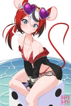 1girl absurdres animal_ears bikini black_jacket blue_eyes breasts candy cleavage commentary cosplay dice english_commentary eyewear_on_head food hakimen hakos_baelz halterneck heart heart-shaped_eyewear highres hololive hololive_english houshou_marine houshou_marine_(cosplay) houshou_marine_(summer) jacket lollipop low_ponytail medium_breasts mouse_ears mouse_girl mouse_tail multicolored_hair open_clothes open_jacket ponytail red_bikini red_hair signature sitting streaked_hair string_bikini sunglasses swimsuit tail tail_raised twitter_username virtual_youtuber water